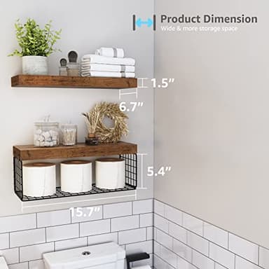 QEEIG Bathroom Shelves Over Toilet - Wall Mounted Floating Shelves Toilet Paper Storage Small Farmhouse Decor Shelf 16 inch Set of 2, Rustic Brown (019-BN2) - Image 3