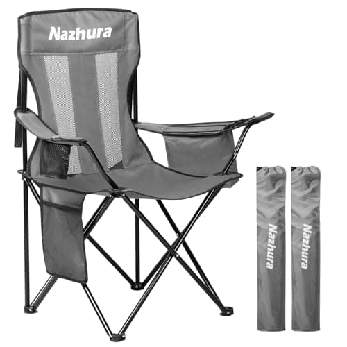 Nazhura 2 Pack Outdoor Camping Chairs Folding/Foldable/Portable with Cooler Pouch, Mesh Backrest and Cup Holder Pocket(Grey, 2 Pack) - Image 1