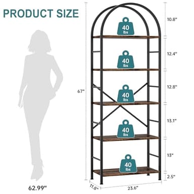 Shintenchi Bookshelf, Arched Bookshelf 5 Tier Bookcase, Tall Shelf for CDs/Books, Home Office Shelf Storage Organizer, Modern Book Shelf for Bedroom/Living Room, Rustic Brown - Image 2