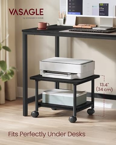 VASAGLE Heavy-Duty Printer Stand with Locking Wheels, 2-Tier Industrial Mobile Cart with Storage Shelf, Under Desk Printer Table for Home, Office, 13.4" Height, Ebony Black UOPS02B - Image 2