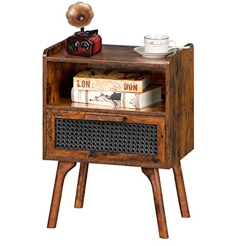 Lerliuo Rattan Nightstand, Boho Side Table with Drawer Open Shelf, Cane Accent Bedside End Table with Solid Wood Legs for Bedroom, Dorm and Small Spaces (Brown) - Image 1