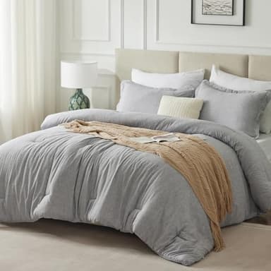 CozyLux Queen Comforter Set - 3 Pieces Light Grey Soft Luxury Cationic Dyeing Queen Comforter for All Season, Light Gray Breathable Lightweight Fluffy Bedding Sets with 1 Comforter and 2 Pillow Shams - Image 9