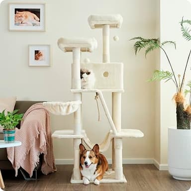 Ouritsu Cat Tree, 61 inch Tall Cat Tower for Large Cat Indoor, Enlarged Condo, 2 Padded Perches with 1 Widened, Large Hammock, Scratching Post and ramp, Fluffy Basket, Beige, LF002WH - Image 1