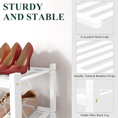 Smiry Bamboo Shoe Rack for Closet, 3 Tier Wooden Stackable Shoe Organizer, Free Standing Shoes Storage Shelf for Entryway, Front Door Entrance, White - Image 3
