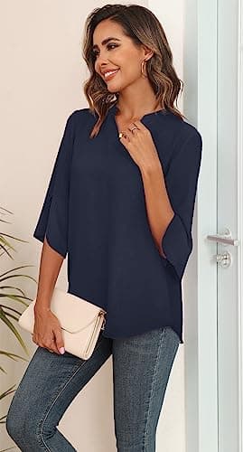 Askyes Womens Tops Casual Chiffon Blouses Soft Comfy Summer Fashion Tee 2024 Loose Fit Blouse Tops,Navy Blue.L - Image 4