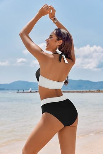 AI'MAGE Women's High Waisted Bikini Sets Tummy Control Swimsuits 2025 Two Piece Bathing Suits Color Block HalterSwim Suits, Black and White, S - Image 4