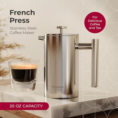 MuellerLiving French Press Coffee Maker 20oz, Stainless Steel French Press Coffee, 4 Filter Heat Resistant Double Insulated, Rust-Free, Food Grade, Dishwasher Safe Coffee Pot - Image 2