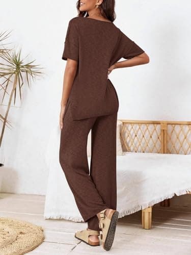 Tankaneo Women's 2 Piece Travel Outfits Casual Short Sleeve Knit Sweater Set Wide Leg Pants Lounge Sets Tracksuit - Image 7