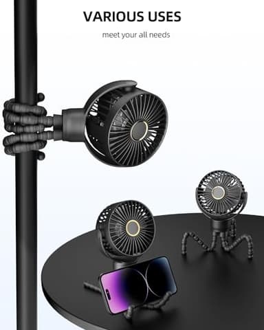 TUNISE Stroller Fan: Rechargeable with TYPE-C Port, 4000mAh, 360° Rotatable, 3-Speed, Flexible Tripod, Clip Anywhere for Baby's Comfort - Durable and Easy to Clean, Black - Image 7