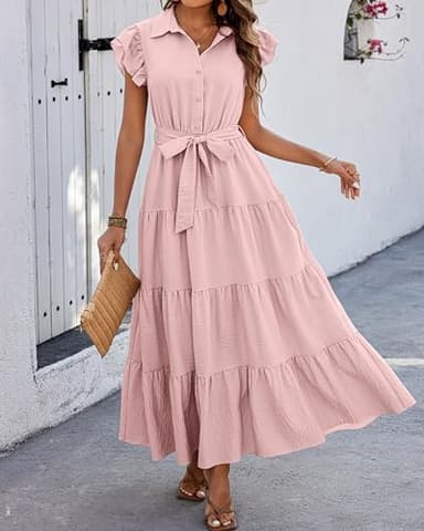 dowerme Women's Summer Dresses 2025 Cap Sleeve Button V Neck Tie Waist Pleated Tiered Loose Fit Boho Flowy Shirt Dress(Pink,Large) - Image 6