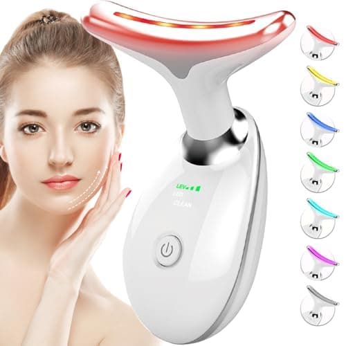 SDKWDH Red-Light-Therapy-for-Face-and-Neck, 7 Color Face Massager Tool for Wrinkles, Double Chin, Vibrating Facial Massager with Thermals for Skin Care, Glossy White - Image 1