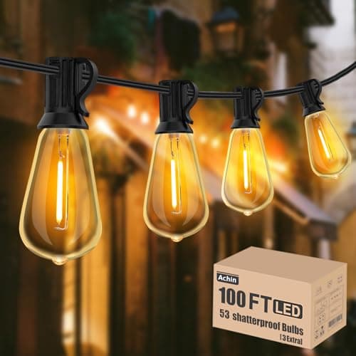 Achin 100FT Outdoor String Lights LED Dimmable Patio Lights String Waterproof with 50+3 Shatterproof Bulbs ST38 Vintage String Lights for Outside Gazebo Bistro Lights, 2200K Warm White - Image 1