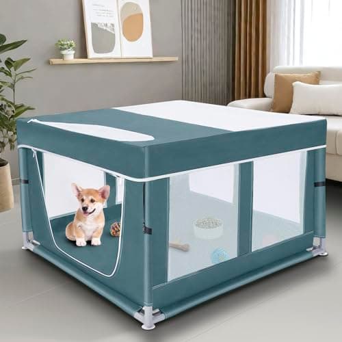 Dog Kitten Playpen with Cover, 42x42 x25.5 Puppy Playpen for Small Pet with See-Through Topper Proof, Green - Image 1