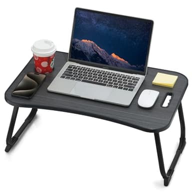 ZEAPTAC Laptop Bed Desk, Foldable Lap Table, Portable Study Table, Laptop Stand with Cup Holder & Tablet Slot & Lifting Handle for Working Writing Drawing & Eating - Dark Black - Image 1