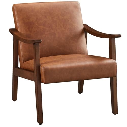 Yaheetech PU Leather Accent Chair, Mid-Century Modern Armchair with Solid Wood Legs, Reading Leisure Chair with High Back for Living Room Bedroom Waiting Room, Brown - Image 1