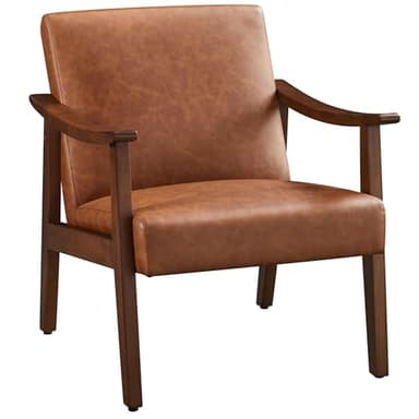 Yaheetech PU Leather Accent Chair, Mid-Century Modern Armchair with Solid Wood Legs, Reading Leisure Chair with High Back for Living Room Bedroom Waiting Room, Brown - Image 1