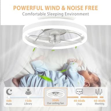 SAMPHON Low Profile Ceiling Fans with Lights and Remote, 15.7'' Led Flush Mount Ceiling Fan, Stepless Dimmable Bladeless Small Ceiling Fans with Lights for Bedroom, Living Room and Kitchen - White - Image 8