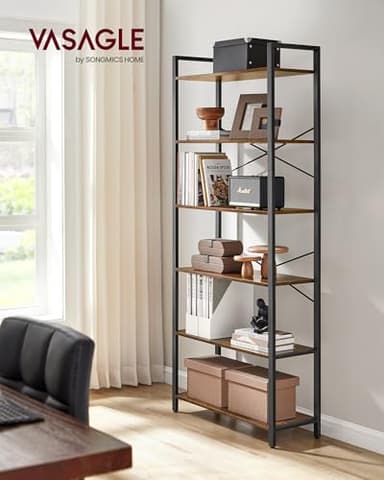 VASAGLE 6-Tier Bookshelf, Bookcase with Steel Frame, Book Shelf for Living Room, Home Office, Study, 11.8 x 31.5 x 73.2 Inches, Industrial Style, Rustic Brown and Ink Black ULLS082B01 - Image 2