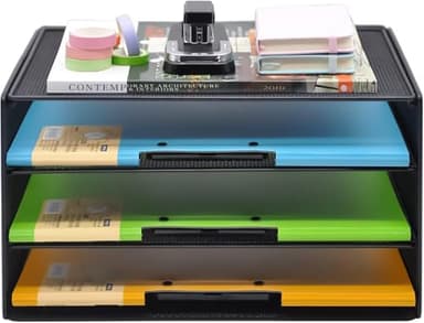 COSYAWN 3 Tier Mesh Desk Paper Tray Organizer, File Organization for Letter Document, Desktop Mail Storage Holder for Office Home School, Black, 2 Pack - Image 2