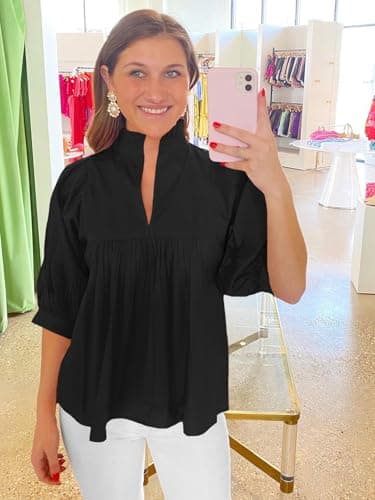 Cicy Bell Womens Puff Sleeve V Neck Blouse Babydoll Peplum Tops Dressy Casual Pleated Loose Fit Shirts Black - Image 5