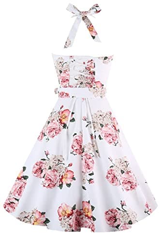 Topdress Women's Vintage Polka Audrey Dress 1950s Halter Retro Cocktail Dress Pink Flower XL - Image 3