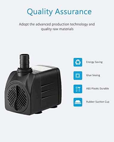 SongLong Submersible Pump 400GPH (1500L 25W) Ultra Quiet with Over Heating Protection 6.5ft High Lift for Fountains, Hydroponics, Ponds, Aquariums & More…… - Image 4