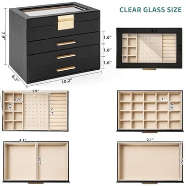 AKOZLIN 4-Tier Jewelry Box with Clear Glass Lid Functional Leather Jewelry Storage Organizer Case 3 Drawers for Women Girls Necklace Ring Bracelet Earring Black - Image 4