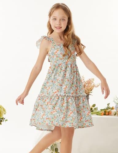 GRACE KARIN Girls Spring Dress Tie Back Flutter Sleeve Dress Green Floral 7Y - Image 3