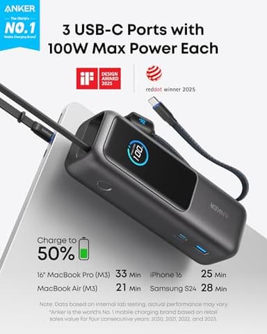 Anker Laptop Power Bank, 25,000mAh Portable Charger with Triple 100W USB-C Ports, Built-in and Retractable Cables, for iPhone 16/15 Series, MacBook, Samsung, and More (Flight-Approved) - Image 2