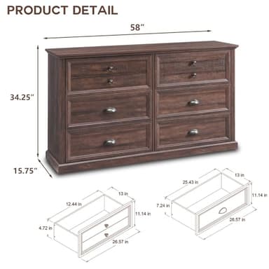 IFGET Farmhouse 6 Drawers Dresser for Bedroom, 58" Wide Dresser Chest of Drawers Organizer Storage, Wood Rustic Dresser for Closet w/Two Different Drawer Sizes for Living Room, Hallway, Brown - Image 2
