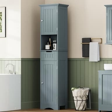 ChooChoo 67" Tall Bathroom Storage Cabinet Freestanding with Adjustable Shelves, Narrow Storage Linen Cabinet with 2 Doors and 1 Drawers for Bathroom, Living Room, Kitchen, Grey - Image 2