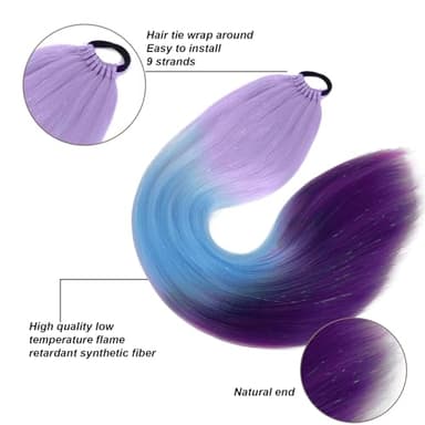 Newshair Colorful Ponytail Extension with Hair Tie, 26 inch Ombre Braid Ponytail Blend Hair Tinsel for Holiday Party Rainbow Festival(100g 1 Packs #Light Purple/Dark Green/Dark Purple) - Image 4