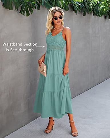 Dokuritu Women's Beach Crochet Lace Maxi Dress Solid Color Sage Green Wedding Guest Summer Spaghetti Strap Long Boho Dress 2024 (MintGreen, M) - Image 3