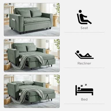 OKD 3 in 1 Convertible Sleeper Sofa Bed, Corduroy Pull Out Futon Couch with Charging Station & Cup Holder, Folding Loveseat Sofa Bed with Side Pocket for Living Room, Green - Image 5