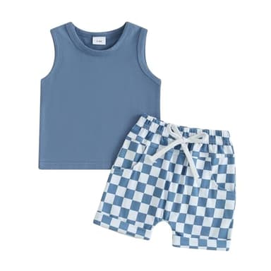 Kupretty Baby Boy Summer Clothes Sleeveless Tank Tops Vest T-Shirt + Casual Checkerboard Shorts Toddler Outfits Set (Checkered Shorts-Blue, 6-12 Months) - Image 1