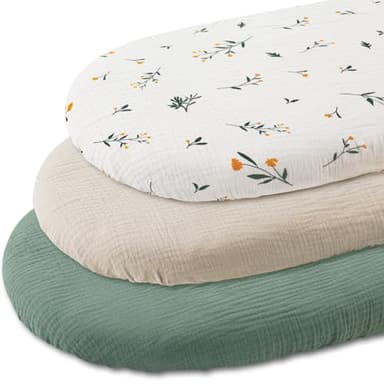 Gllquen Baby Muslin Bassinet Sheets 3 Pack, Breathable Elastic Cozy Fitted Cotton Bassinet Mattress Sheet for Baby Boy Girls, Fit for Hourglass Oval Rectangular Cradle Pad Sheets 33"x17" (Green) - Image 9