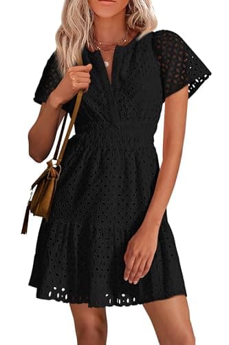PRETTYGARDEN Womens 2025 Summer Short Dress V Neck Short Sleeve A Line Hollow Out Lace Ruffle Cute Casual Beach Party Dresses (Black,X-Large) - Image 1