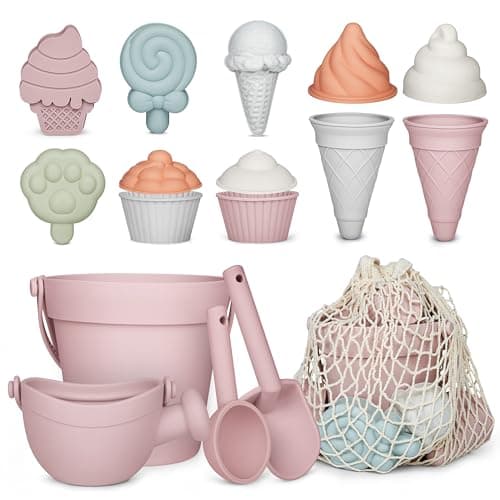 MarcZero 17Pcs Silicone Beach Toys,Modern Baby Beach Toys,Travel Friendly Beach Set,Silicone Bucket, Watering Can, Shovel, 12 Sand Molds, Beach Bag,Silicone Sand Toys for Toddlers, Kids (Pink) - Image 1