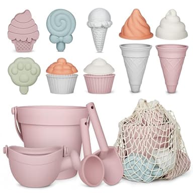 MarcZero 17Pcs Silicone Beach Toys,Modern Baby Beach Toys,Travel Friendly Beach Set,Silicone Bucket, Watering Can, Shovel, 12 Sand Molds, Beach Bag,Silicone Sand Toys for Toddlers, Kids (Pink) - Image 1