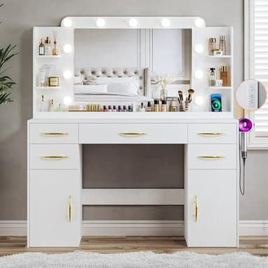 ALEXNUTRE Makeup Vanity Desk with Lights, 45.5" Large Vanity with Mirror and Lights in 3 Models, Vanity with Power Outlet, Vanity Desk with 5 Drawers, 2 Cabinets, Shelves for Bedroom, White - Image 1