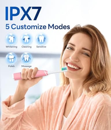 Bymore Electric Toothbrush for Adults,Travel SonicToothbrush with 8 Replacement Heads, Ultra Clean RechargeableToothbrush Portable Electric Toothbrush-Pink - Image 6