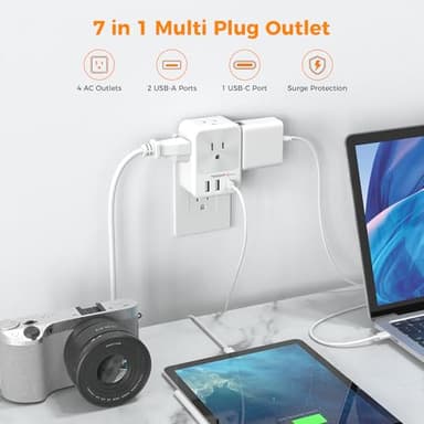 Surge Protector Wall Outlet Extender, TESSAN Multi Plug Outlet Splitter with 3 USB Charging Blocks(1 USB C), Multi Plug Wall Charger for Home, Office, School, College Dorm Essentials - Image 2