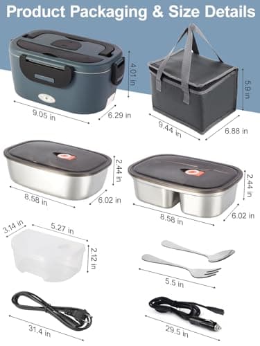 SOHIDA Heated Lunch Box, 80W Electric Lunch Box with Two 1.5L Stainless Steel Interchangeable Containers and Lids, 12V/24V/110V Food Warmer with Utensils and Insulated Bag for Car/Truck/Office (Black) - Image 8