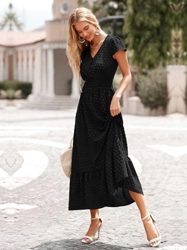 PRETTYGARDEN Womens 2025 Spring Swiss Dot Maxi Dress Short Sleeve V Neck Smocked Waist Ruffle Tiered Flowy Long Party Dresses(Black, XX-Large) - Image 4