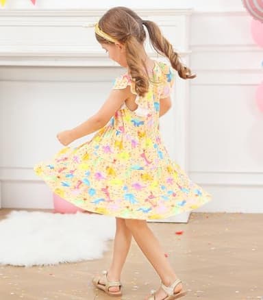 Kimoda Toddler Dinosaur Summer Dress for Girls 2t A-Line Tiered Swing Dresses Yellow Dress for Girl 3t - Image 4