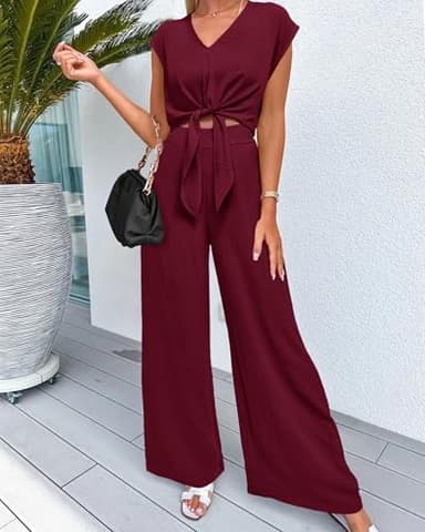 PRETTYGARDEN Women's Summer 2 Piece Outfits 2025 Cap Sleeve V Neck Belted Crop Tops Wide Leg Pant Sets Casual Tracksuit(Solid Dark Wine Red,Medium) - Image 2