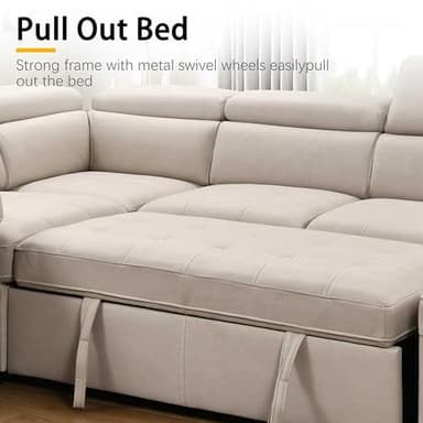THSUPER 104'' Microfiber L Shaped Sectional Sleeper Sofa Couch with Pull Out Bed and Storage Ottoman, Convertible Couches with Adjustable Headrest for Living Room, Right Facing Chaise. Beige - Image 6