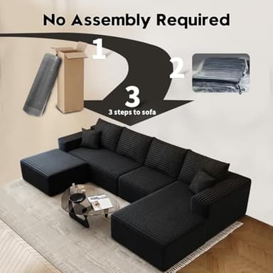 135.4"Cloud Modular Sectional Couch with 1 Ottoman,Modern Minimalist Upholstered Couches, Comfort U Shaped Sofa for Living Room,Deep Seat Corner Couch，No Assembly Required (Black,Right Facing Chaise) - Image 4