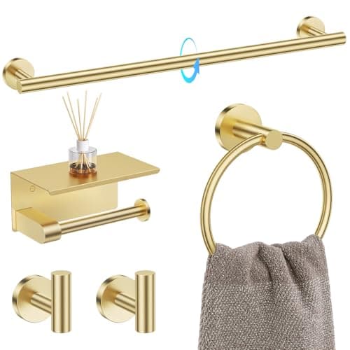 TQKAG 5 Piece Bathroom Towel Bar Holder Sets Brushed Gold Bathroom Hardware Set Stainless Steel Toilet Paper Holder with Shelf Bathroom Accessories Kit Wall Mounted - Image 1