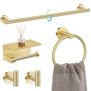 TQKAG 5 Piece Bathroom Towel Bar Holder Sets Brushed Gold Bathroom Hardware Set Stainless Steel Toilet Paper Holder with Shelf Bathroom Accessories Kit Wall Mounted - Image 1